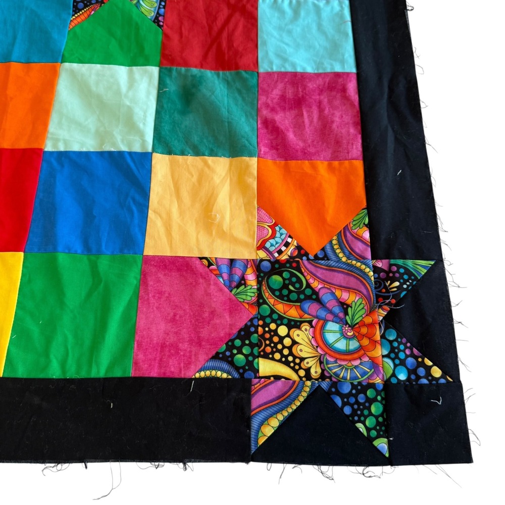 Handmade Rainbow Patchwork Quilt Top Psychedelic Star Applique 41x50 Black Trim - Picture 2 of 8